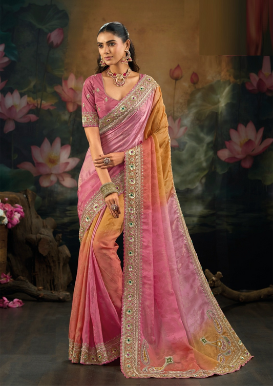 Opulent Pink Pure Crape Bridal Saree