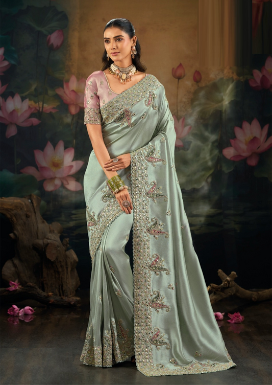 Trendy Light Grey Pure Silk Bridal Saree