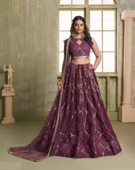 Women Burgundy Net With Two Tone Cotton Sequins Embroidery Work Stylish Lehenga Set