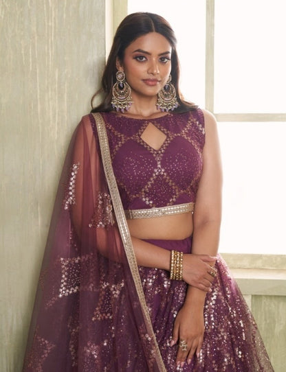 Women Burgundy Net With Two Tone Cotton Sequins Embroidery Work Stylish Lehenga Set