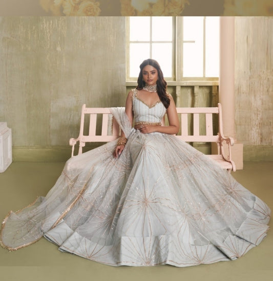 Women Off White Net With Two Tone Cotton Sequins Embroidery Work Stylish Lehenga Set