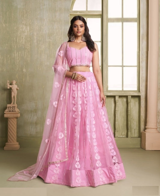 Women Pink Net With Two Tone Cotton Sequins Embroidery Work Stylish Lehenga Set