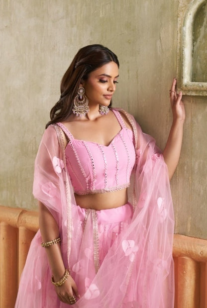 Women Pink Net With Two Tone Cotton Sequins Embroidery Work Stylish Lehenga Set