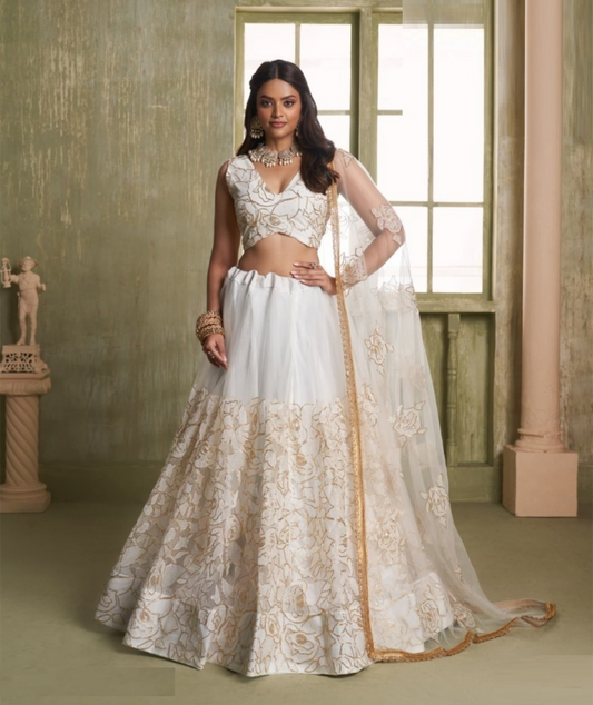 Women White Net With Two Tone Cotton Sequins Embroidery Work Stylish Lehenga Set