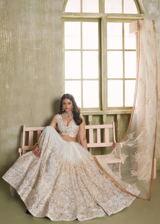 Women White Net With Two Tone Cotton Sequins Embroidery Work Stylish Lehenga Set