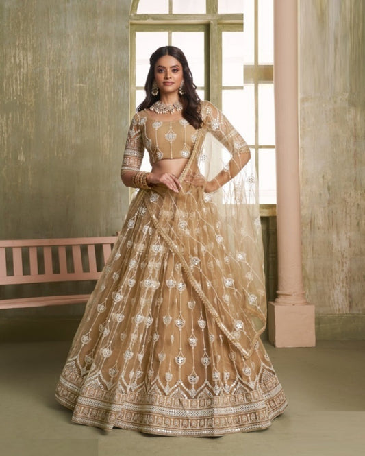 Alluring Beige Net With Two Tone Cotton Sequins Embroidery Work Stylish Lehenga Set