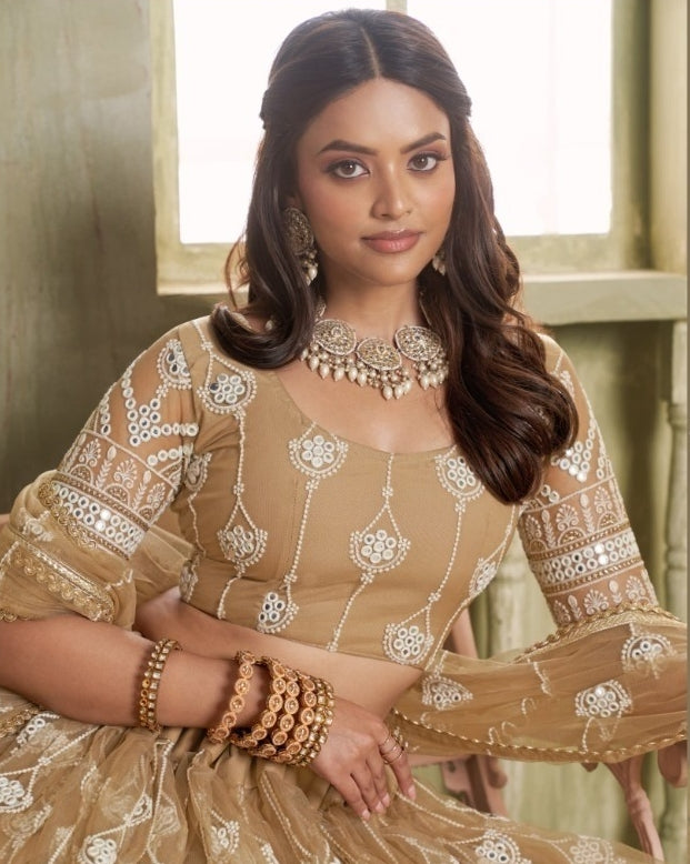 Alluring Beige Net With Two Tone Cotton Sequins Embroidery Work Stylish Lehenga Set