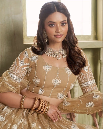 Alluring Beige Net With Two Tone Cotton Sequins Embroidery Work Stylish Lehenga Set