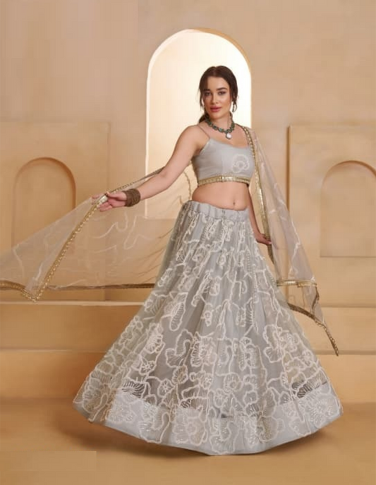 Flawless Grey Net With Two Tone Cotton Sequins Embroidery Work Stylish Lehenga Set