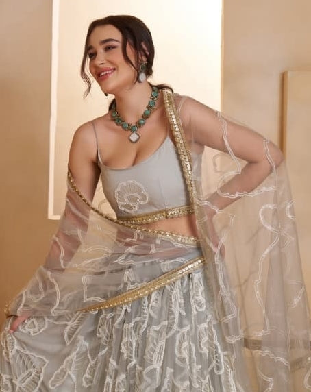 Flawless Grey Net With Two Tone Cotton Sequins Embroidery Work Stylish Lehenga Set