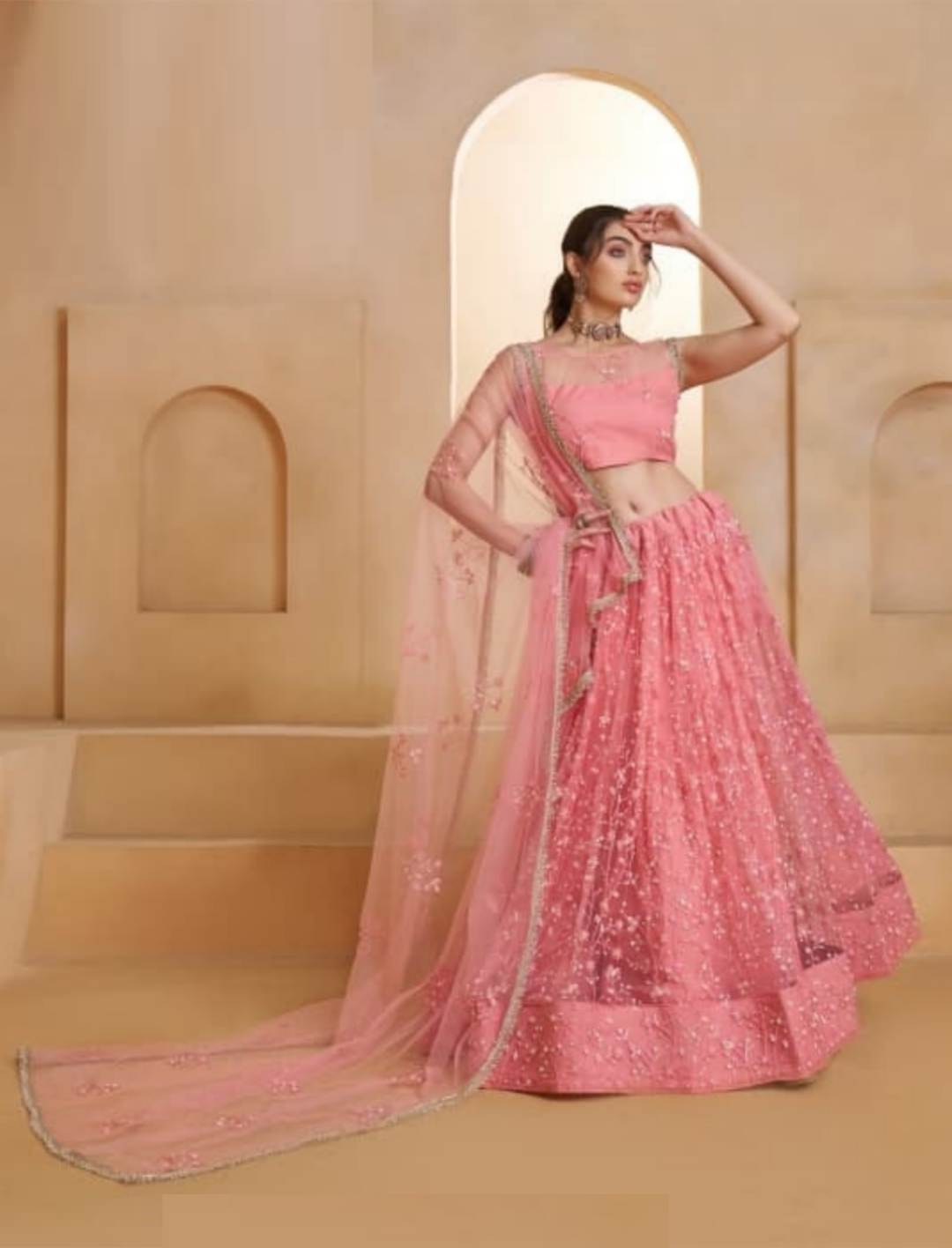 Glamorous Pink Net With Two Tone Cotton Sequins Embroidery Work Stylish Lehenga Set