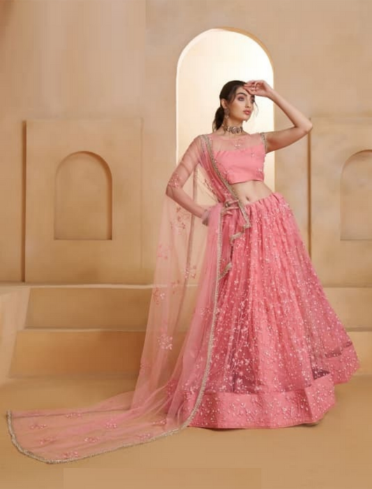 Glamorous Pink Net With Two Tone Cotton Sequins Embroidery Work Stylish Lehenga Set
