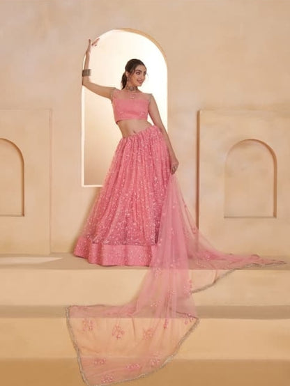 Glamorous Pink Net With Two Tone Cotton Sequins Embroidery Work Stylish Lehenga Set