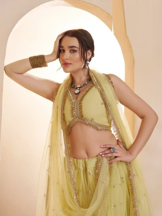 Classy Light Yellow Net With Two Tone Cotton Sequins Embroidery Work Stylish Lehenga Set
