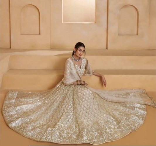 Stylish White Net With Two Tone Cotton Sequins Embroidery Work Stylish Lehenga Set
