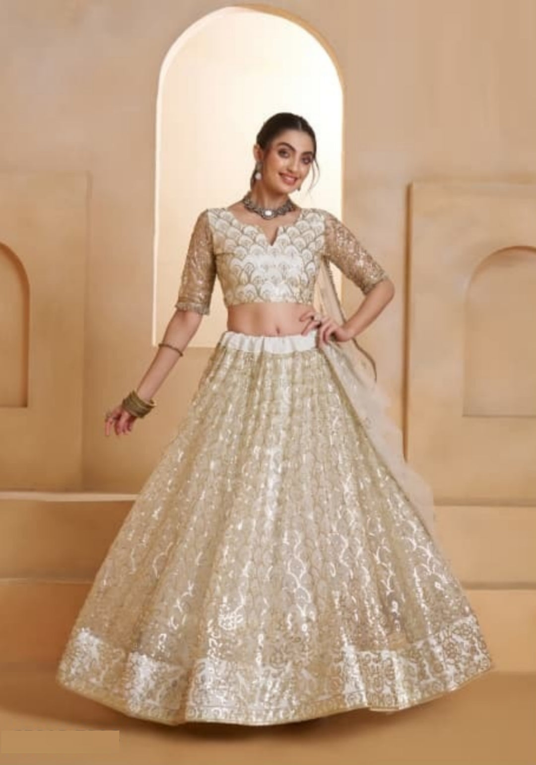Stylish White Net With Two Tone Cotton Sequins Embroidery Work Stylish Lehenga Set