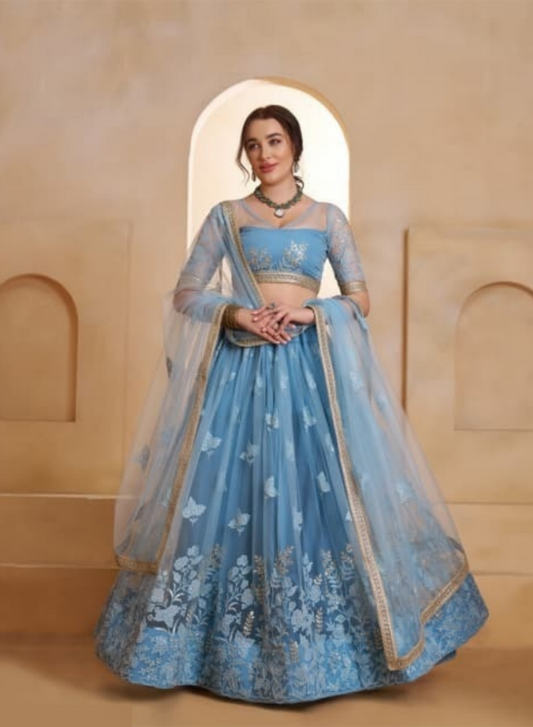 Sleek Blue Net With Two Tone Cotton Sequins Embroidery Work Stylish Lehenga Set