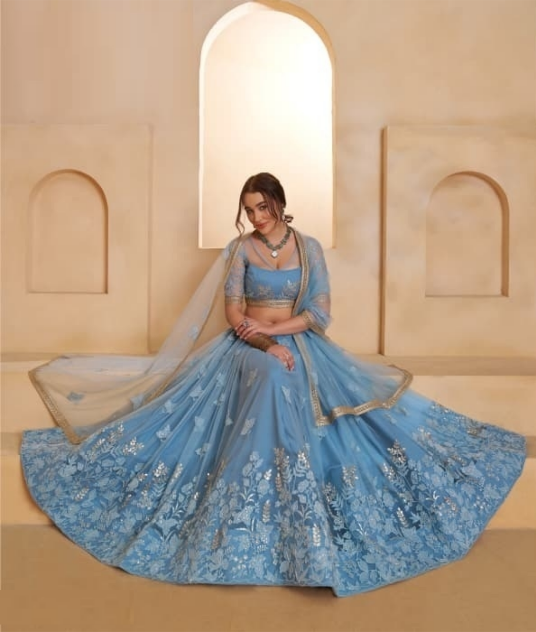 Sleek Blue Net With Two Tone Cotton Sequins Embroidery Work Stylish Lehenga Set