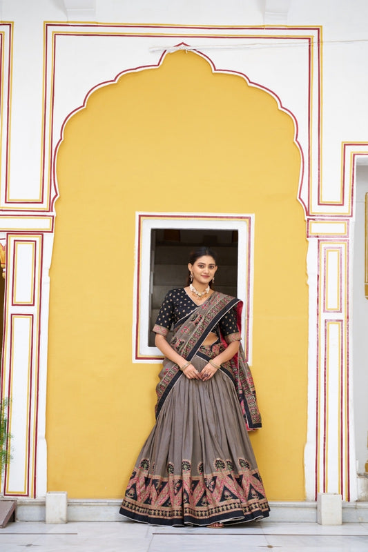 Women Black Tussar Silk Traditional Lehenga Set