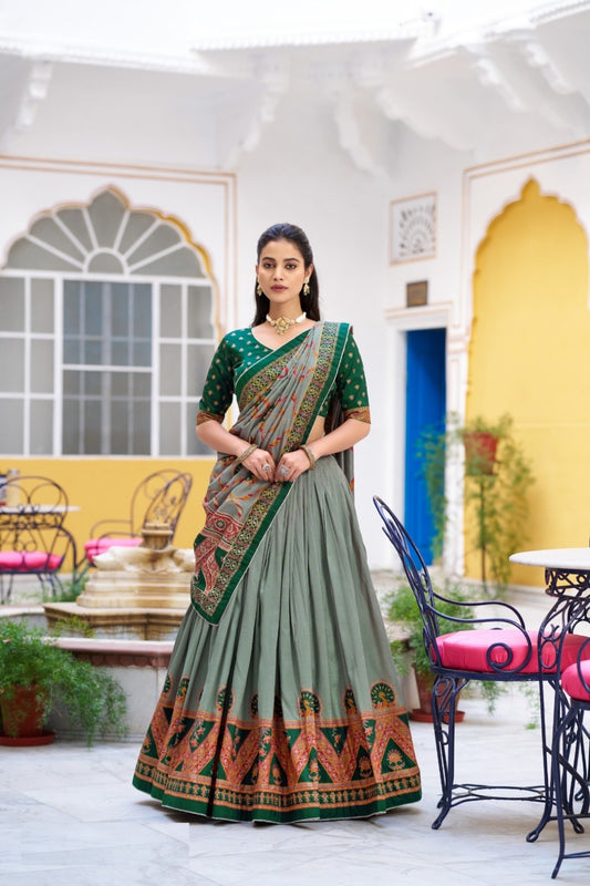 Women Green Tussar Silk Traditional Lehenga Set