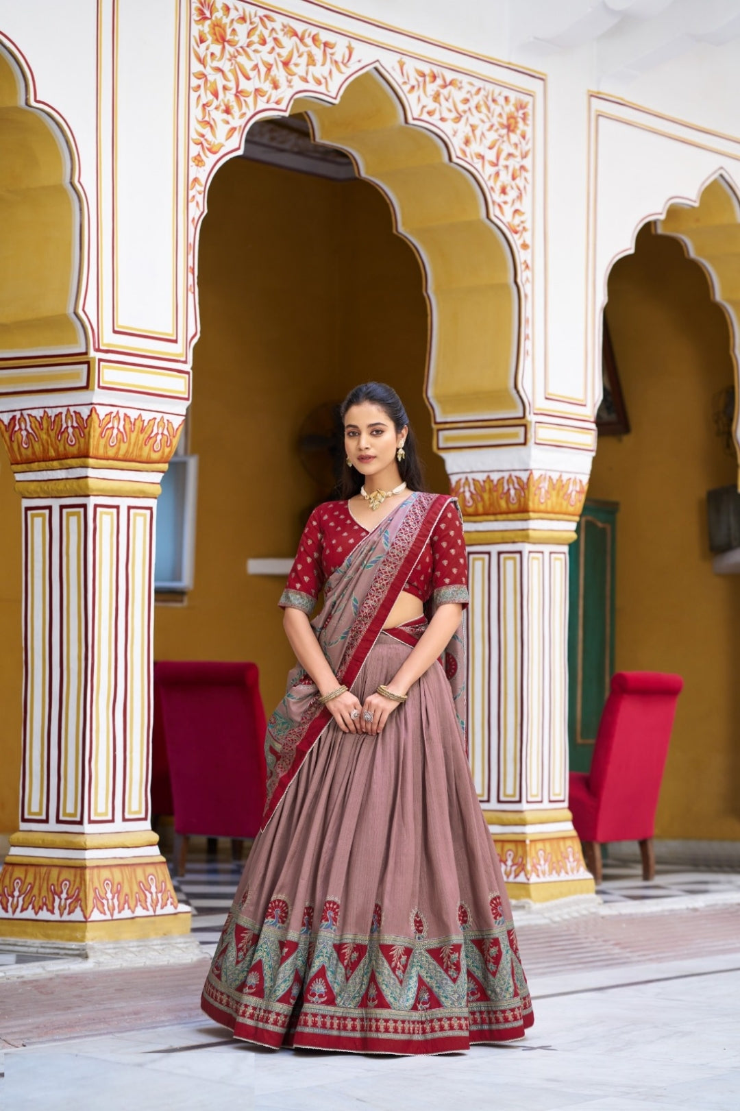 Women Maroon Tussar Silk Traditional Lehenga Set