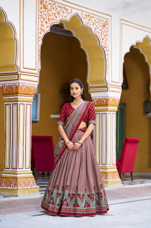 Women Maroon Tussar Silk Traditional Lehenga Set