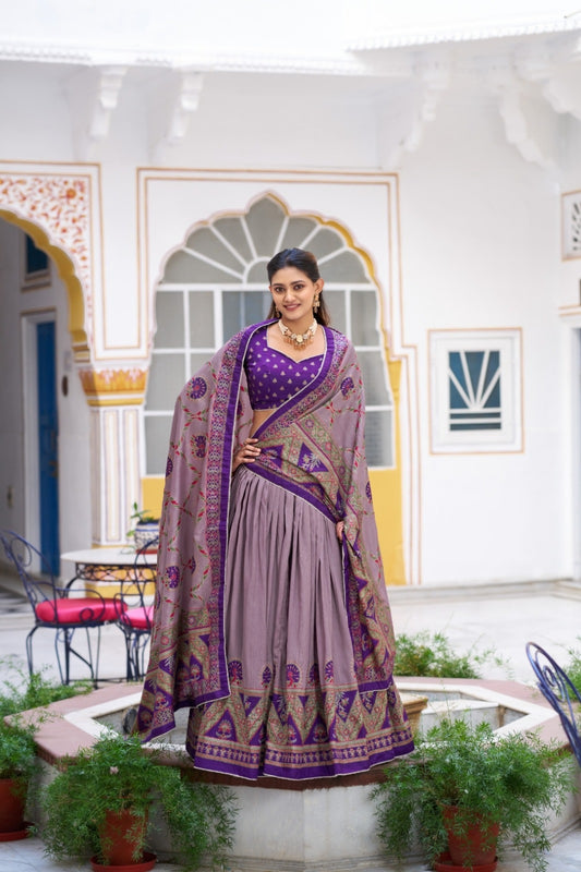 Women Purple Tussar Silk Traditional Lehenga Set