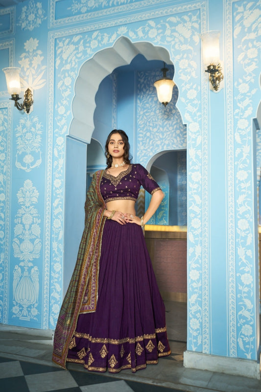 Women Dark Purple Vichitra Silk Traditional Lehenga Set