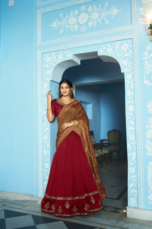 Women Maroon Vichitra Silk Traditional Lehenga Set
