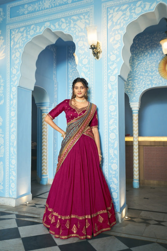 Women Dark Pink Vichitra Silk Traditional Lehenga Set