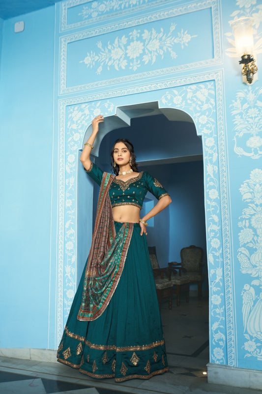 Women Teal Vichitra Silk Traditional Lehenga Set