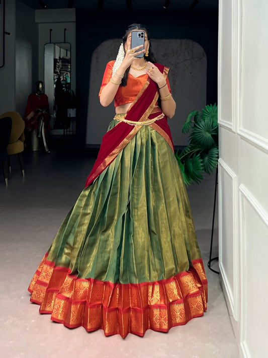 Women Green And Orange Kanchipuram Traditional Lehenga Set