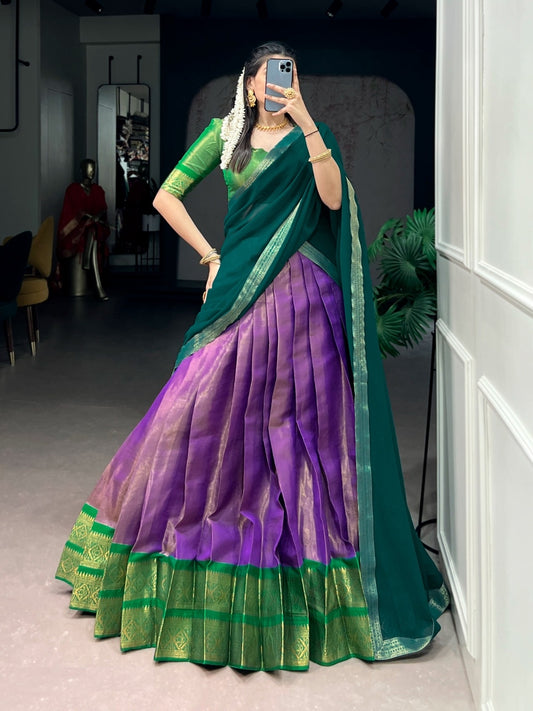 Women Purple And Green Kanchipuram Traditional Lehenga Set