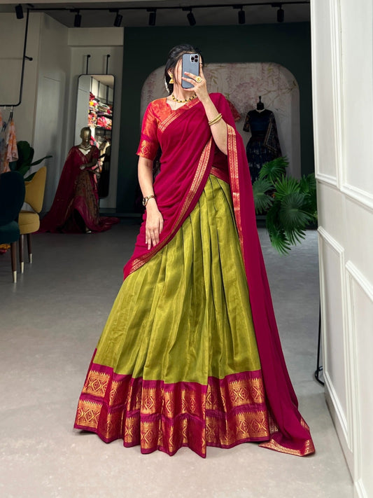 Women Green And Maroon Kanchipuram Traditional Lehenga Set