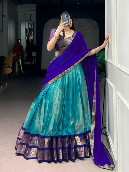 Women Blue Kanchipuram Traditional Lehenga Set