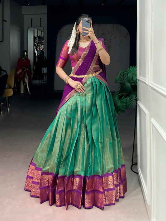 Women Green And Purple Kanchipuram Traditional Lehenga Set