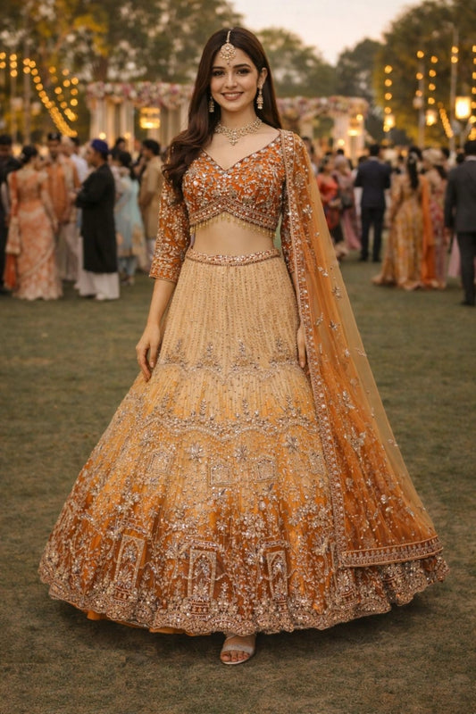 Women Rust Net With Embroidery Stone Work Bridal Lehenga