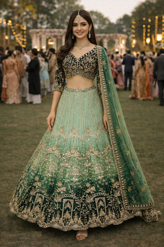 Women Green Net With Embroidery Stone Work Bridal Lehenga