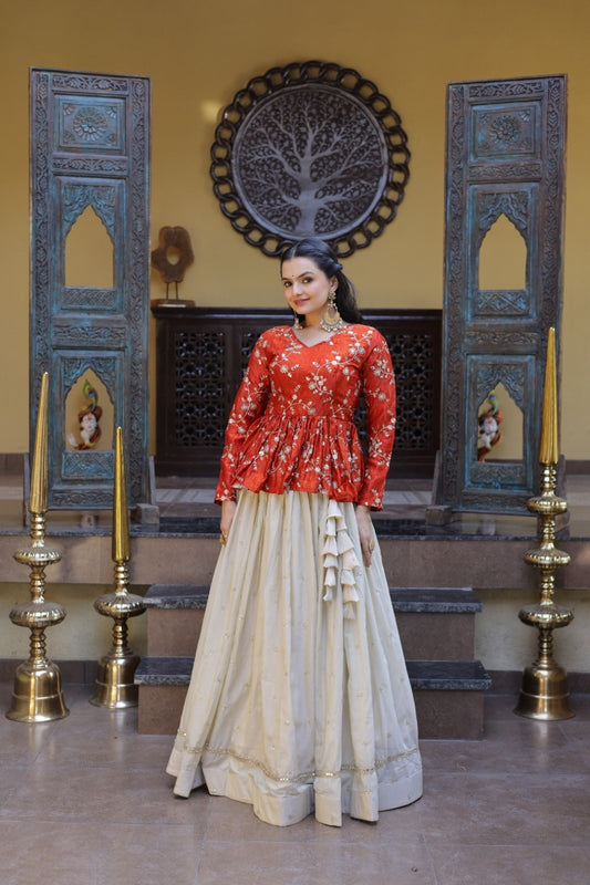 Women Red And White Cosmos Silk Lehenga Co-Ord Set