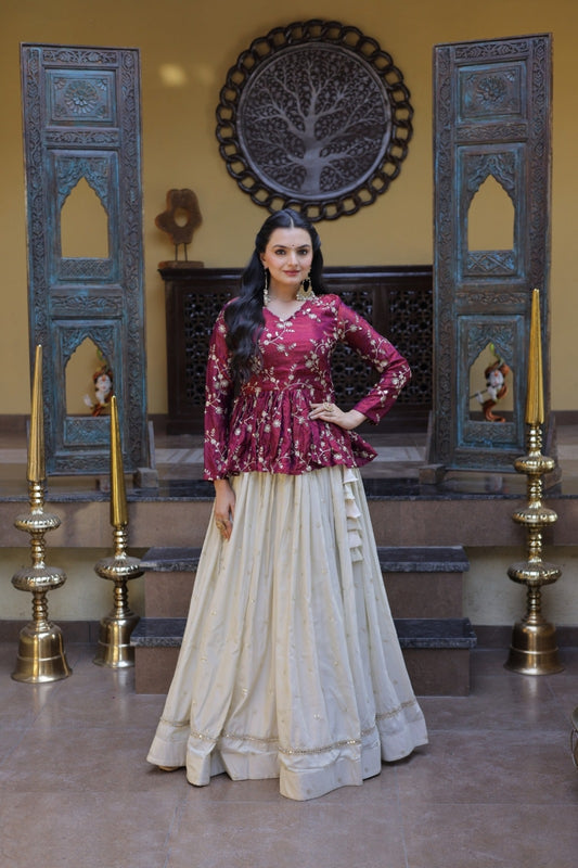 Women Purple And White Cosmos Silk Lehenga Co-Ord Set