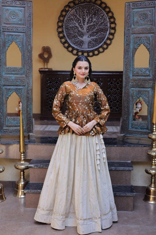 Women Rust And White Cosmos Silk Lehenga Co-Ord Set