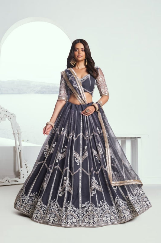 Women Grey Net With Sequins Embroidery Work Stylish Lehenga