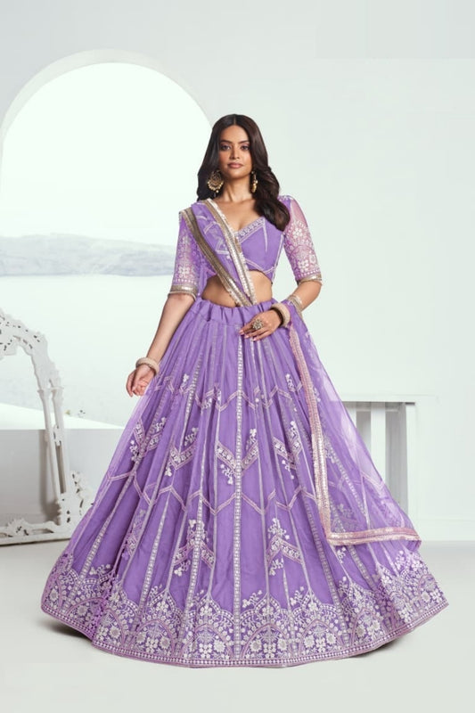 Women Lilac Net With Sequins Embroidery Work Stylish Lehenga