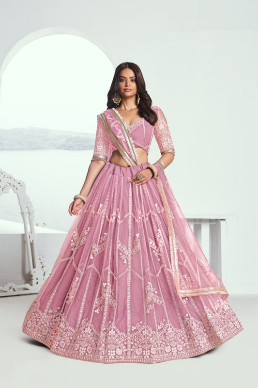 Women Baby Pink Net With Sequins Embroidery Work Stylish Lehenga
