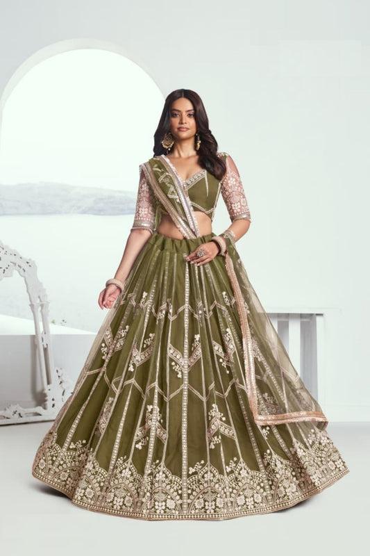 Women Olive Net With Sequins Embroidery Work Stylish Lehenga