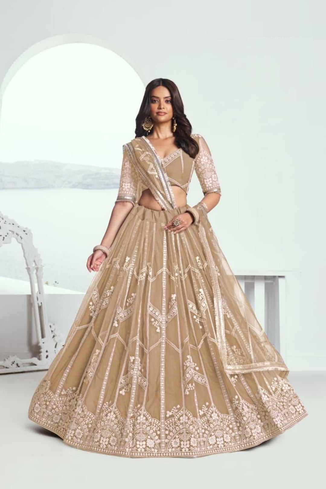 Women Light Brown Net With Sequins Embroidery Work Stylish Lehenga