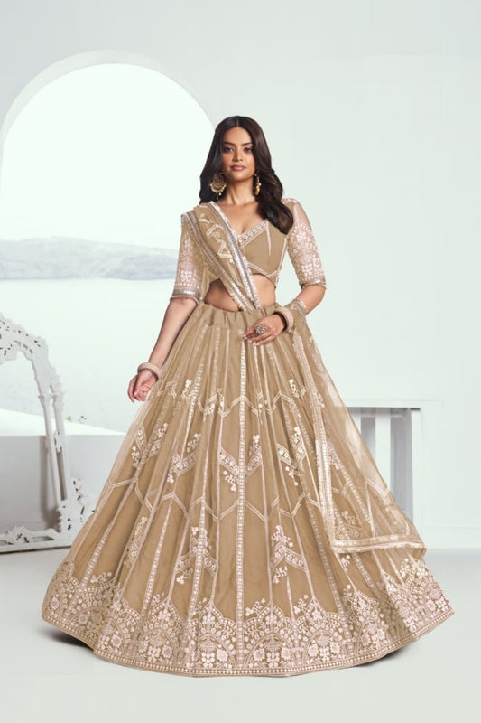 Women Light Brown Net With Sequins Embroidery Work Stylish Lehenga