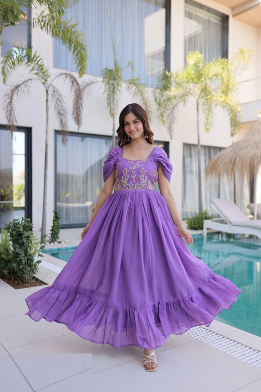 Women Lilac Mal Chanderi Floor Length Gown