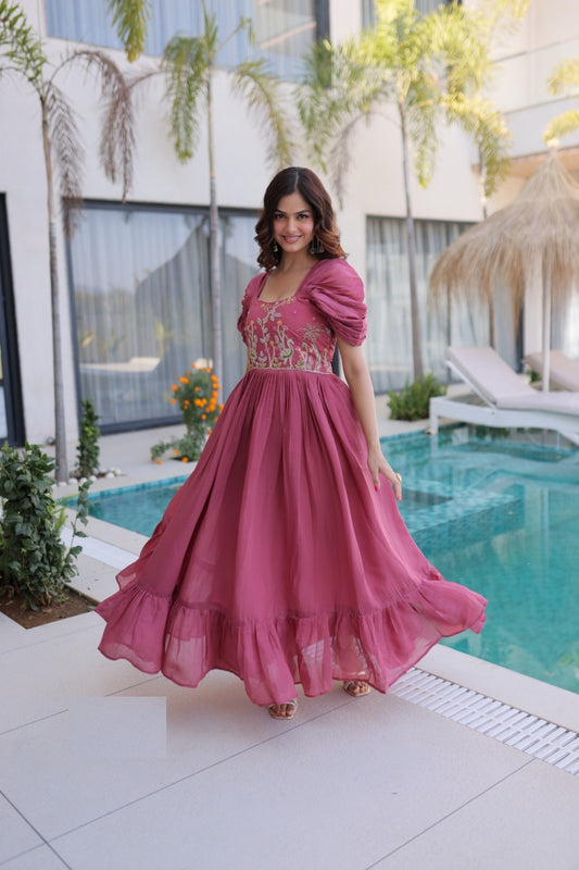 Women Dusty Pink Mal Chanderi Floor Length Gown