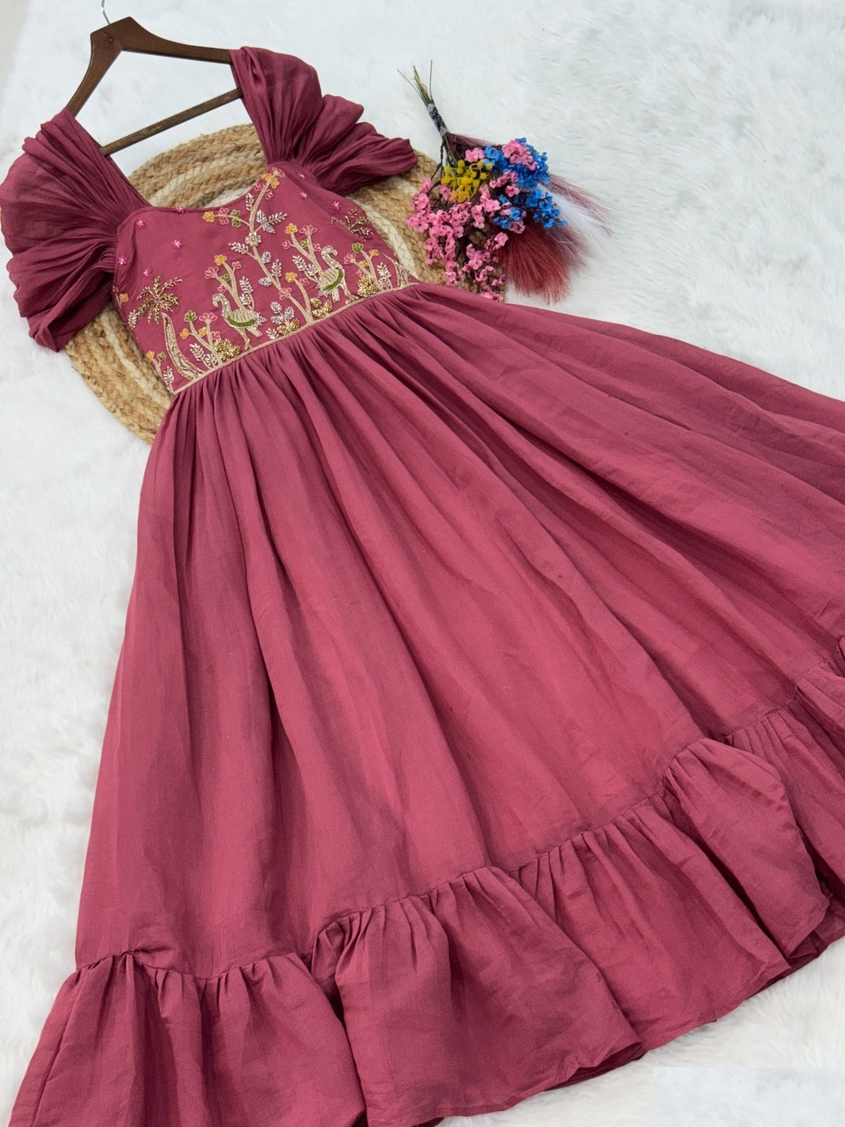 Women Dusty Pink Mal Chanderi Floor Length Gown